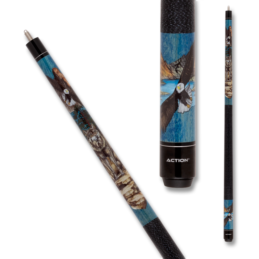 ACTION WOLF EAGLES POOL CUE ADV122 WRAP BLACK AND BLUE 13MM 19 OZ