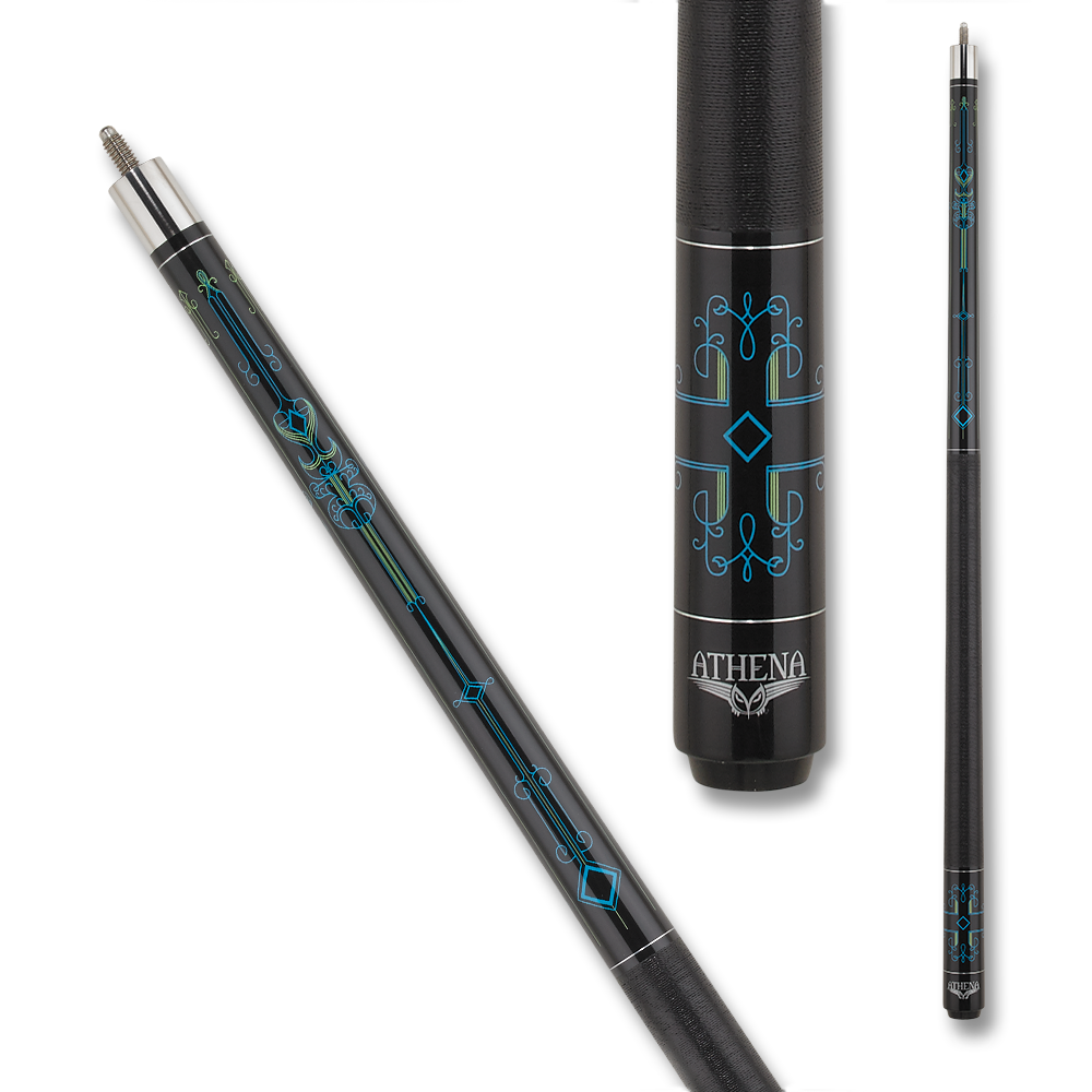 ATHENA POOL CUE ATH51 STRIPE DESIGN LINEN WRAP BLACK BLUE AND GREEN 12.5MM 19OZ
