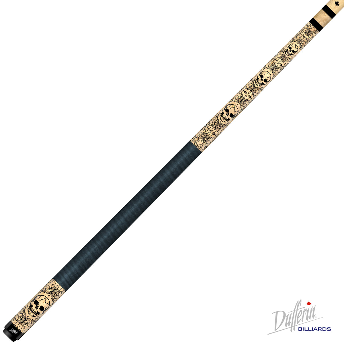 DUFFERIN POOL CUE REBEL LASER ETCH SERIES D582 – BLACK LEATHER GRIP WITH SKULLS