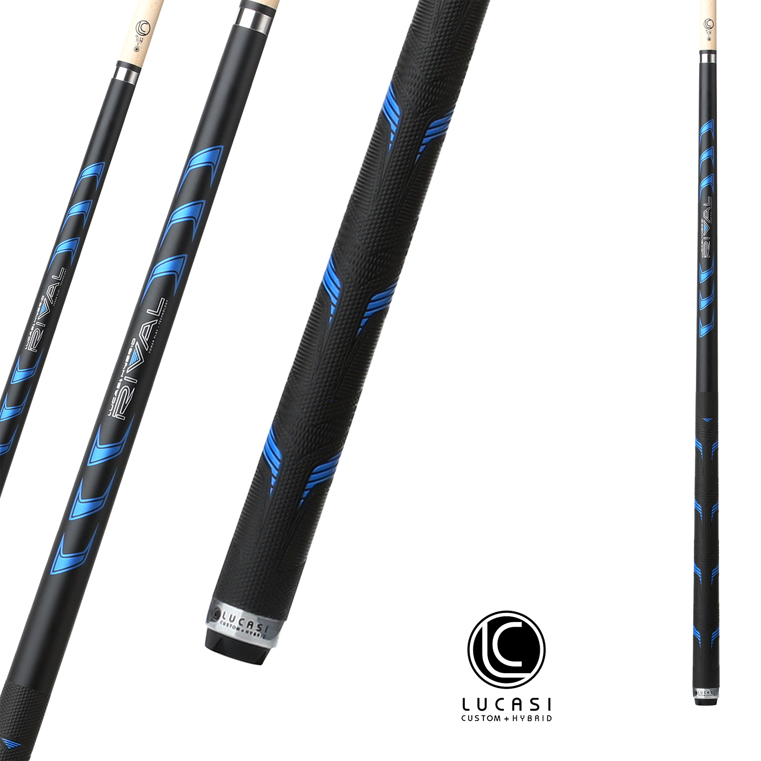 LUCASI POOL CUE HYBRID RIVAL BLACK AND METALLIC BLUE MATTE FINISH WITH RIVAL G5 GRIP 13MM 19OZ