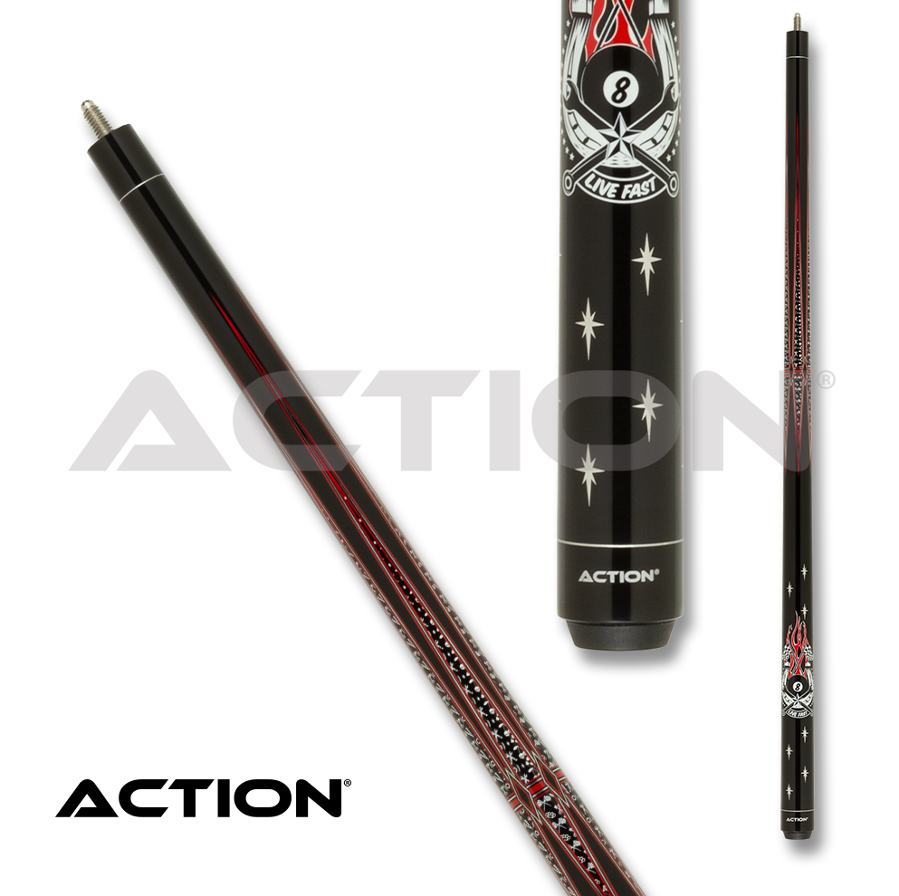 ACTION  8 FIRE FLAG POOL CUE ACT165 BLACK AND RED 13MM 19OZ