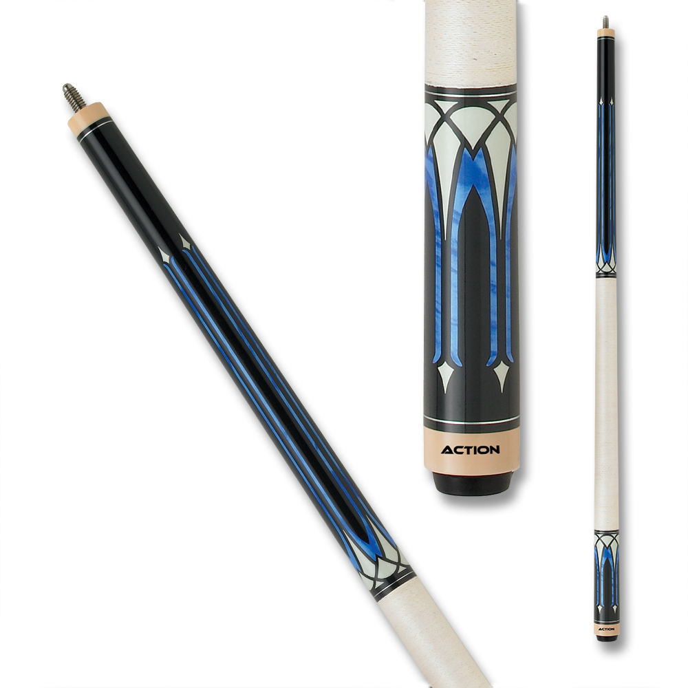 ACTION EXOTIC POOL CUE ACT136 LINEN WRAP WHITE AND BLUE 13MM 19OZ