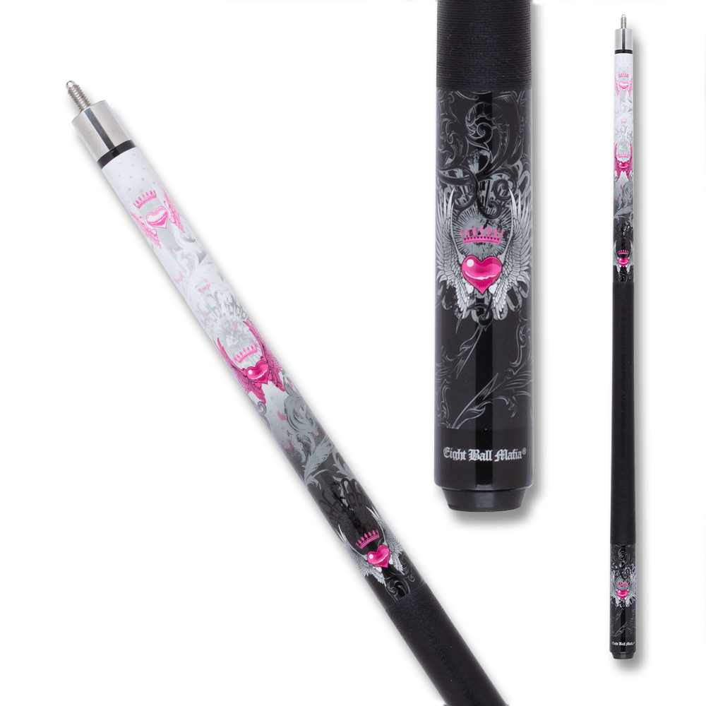 ACTION POOL CUE EBM11 HEART AND WINGS WRAP BLACK AND WHITE AND PINK 13MM 19OZ