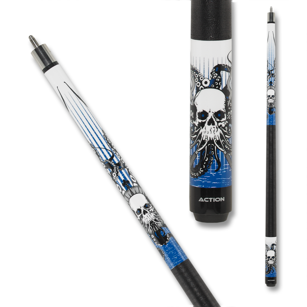ACTION POOL CUE EBM17 SKULL OCTOPUS WRAP BLACK WHITE AND BLUE 13MM 19OZ