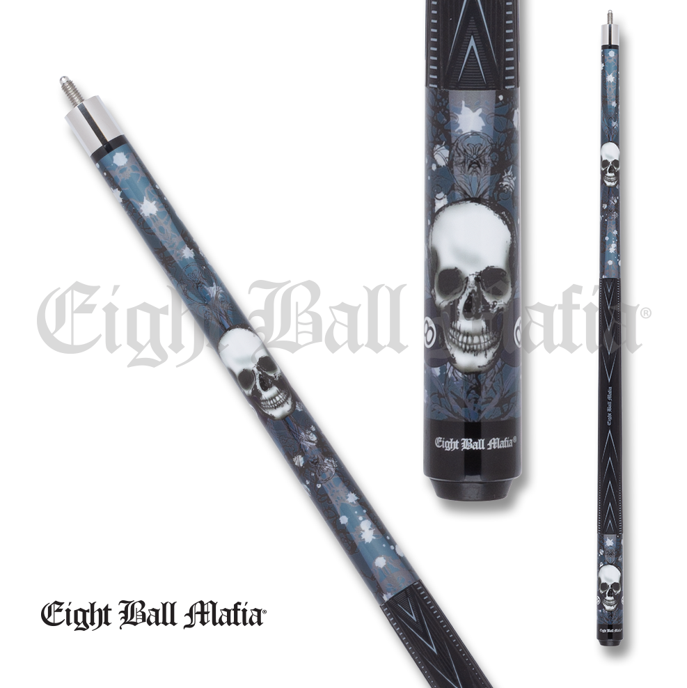 ACTION POOL CUE EBM25 SPORT SKULL WRAP GREY AND BLUE 13MM 19OZ