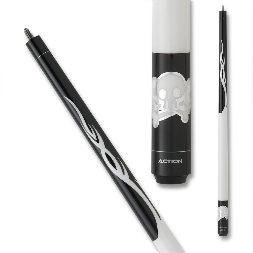 ACTION POOL CUE JR17 52" SKULLS WHITE AND BLACK 12MM 19OZ