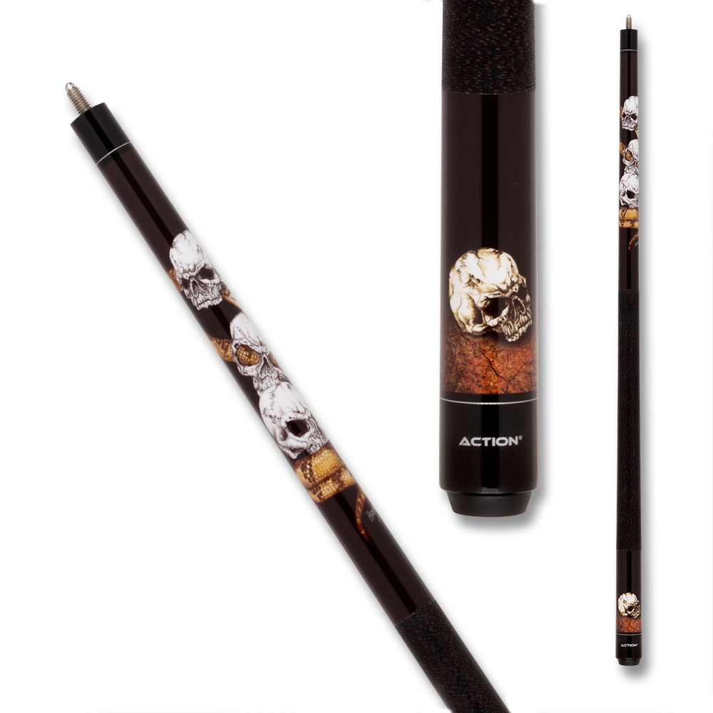 ACTION SKULL SNAKE POOL CUE ADV120 WRAP BLACK AND WHITE 13MM 19 OZ
