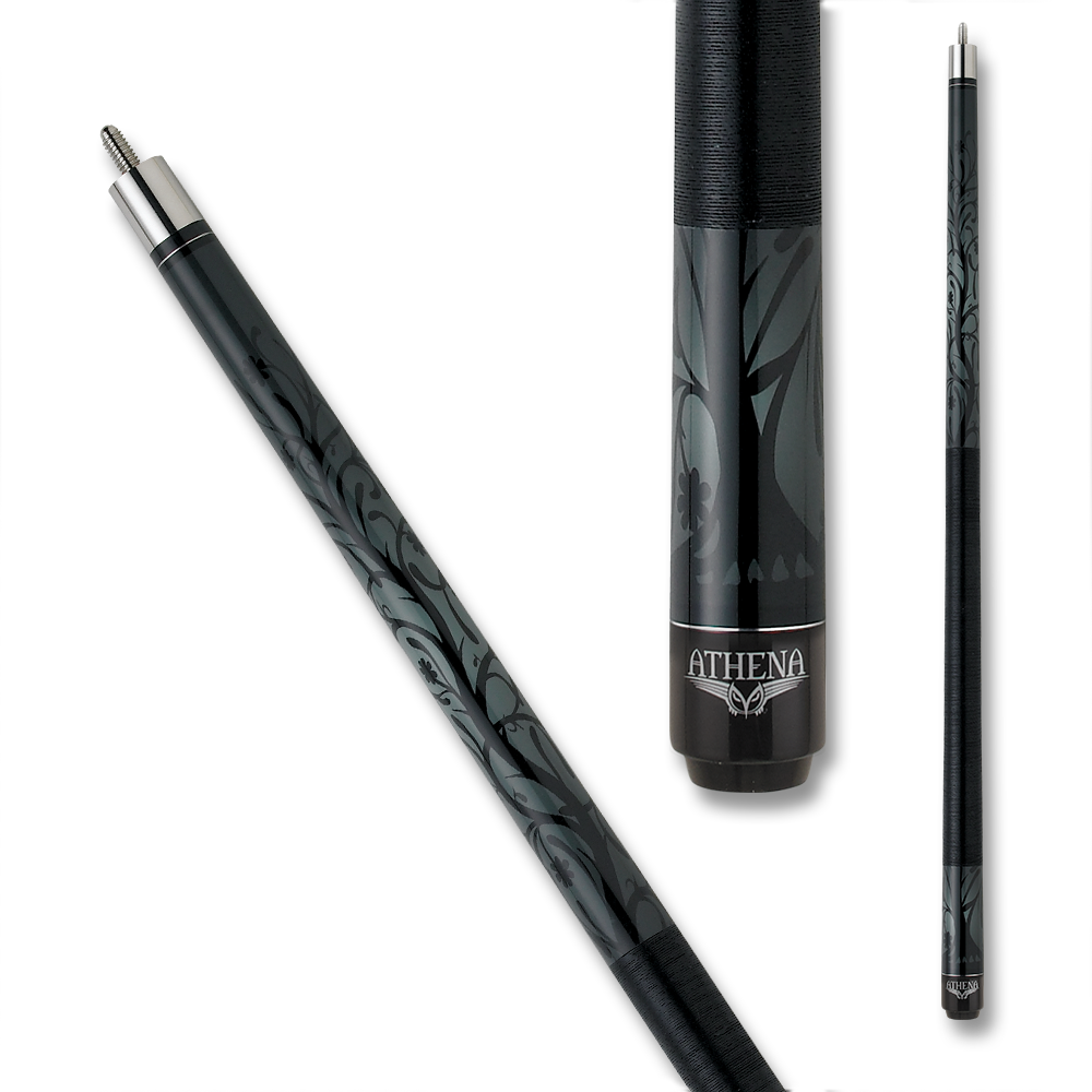 ATHENA POOL CUE ATH23 VINELIKE DESIGN LINEN WRAP BLACK AND CHARCOAK 12.5MM 19OZ