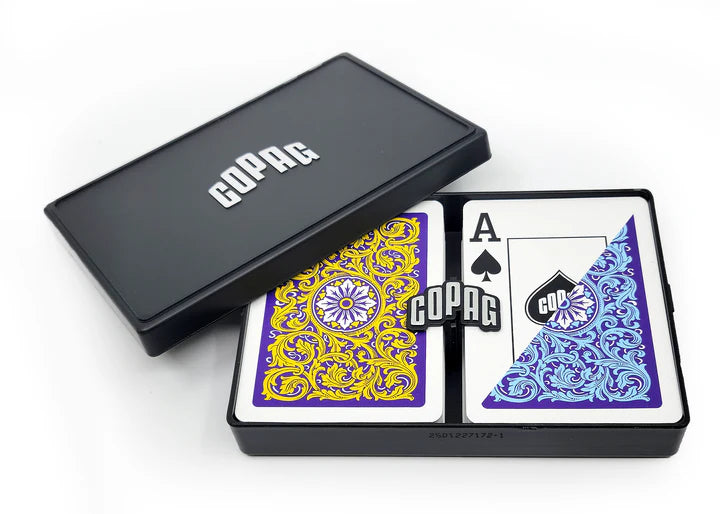 COPAG NEOTERIC PLASTIC POKER CARDS DOUBLE DECK SET JUMBO 1546 VIOLET AND BLUE AND YELLOW