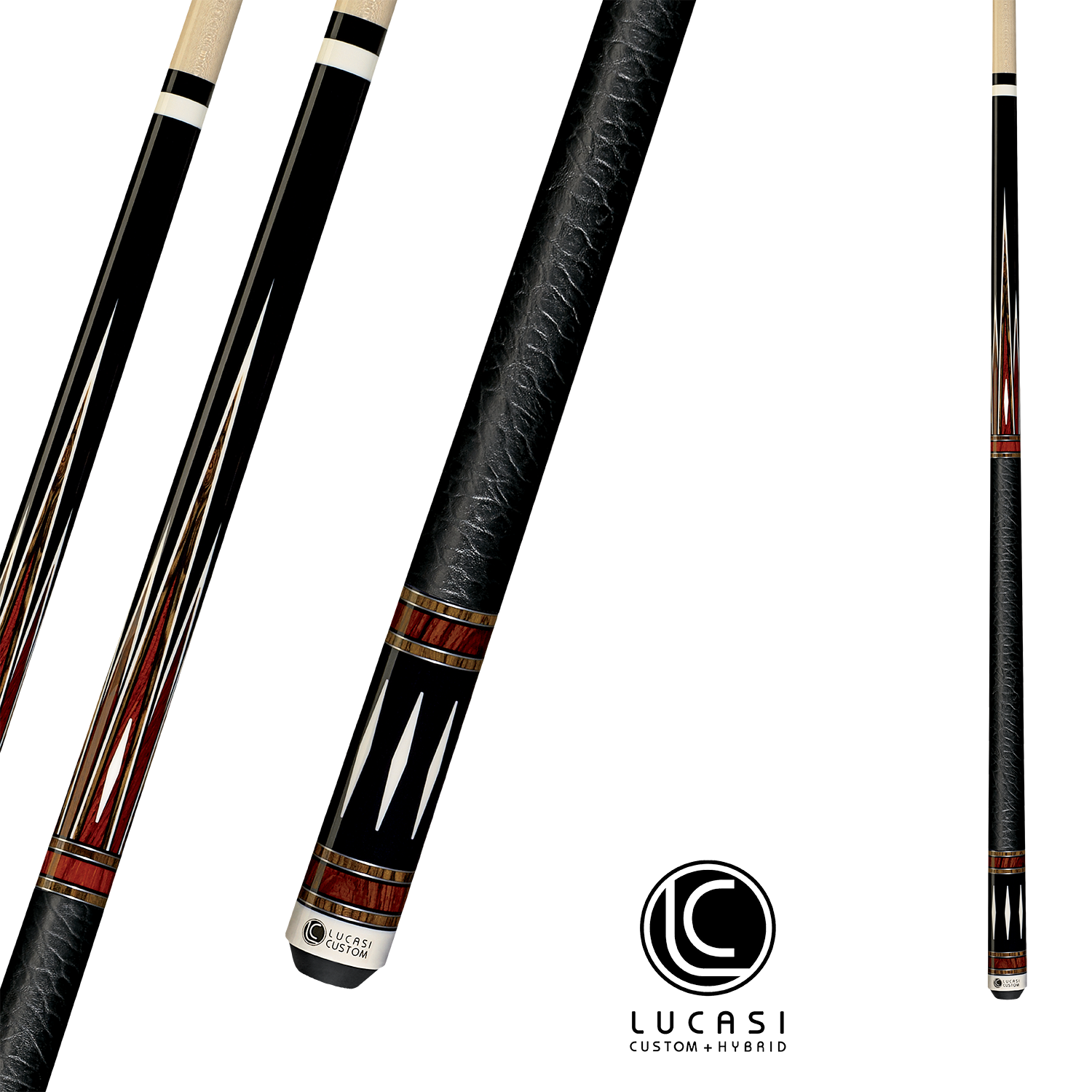 LUCASI POOL CUE CUSTOM MIDNIGHT BLACK AND COCOBOLO BOCOTE 13MM 19OZ WITH LEATHER WRAP