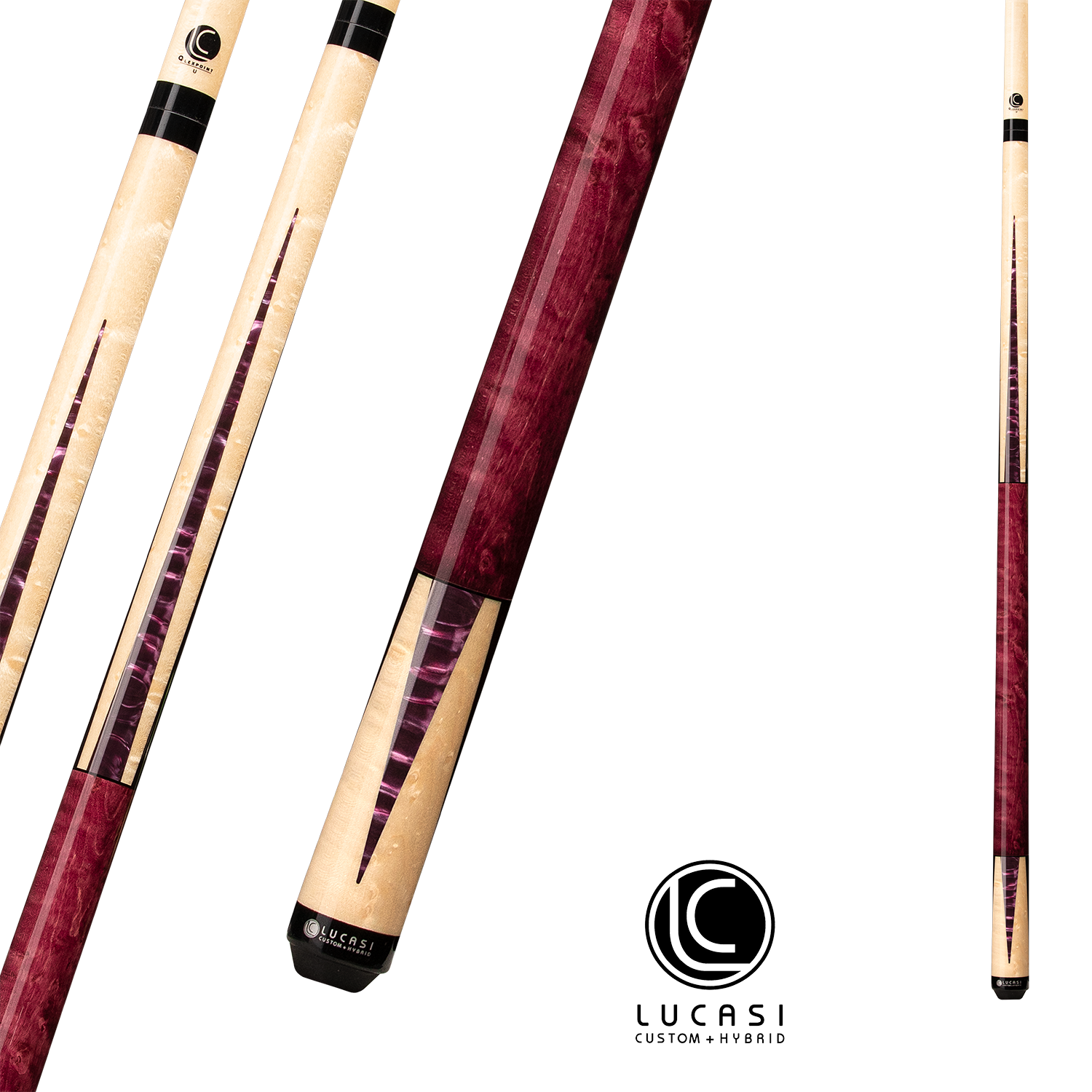 LUCASI POOL CUE CUSTOM PURPLE STAINED AND NATURAL SUPER BIRDSEYE 13MM 19OZ
