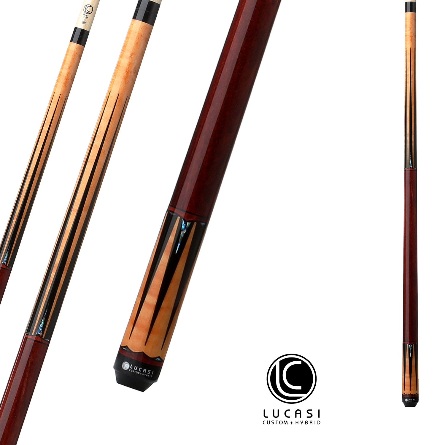 LUCASI POOL CUE HYBRID GOLD STAINED BIRDSEYE BLACK AND MAPLE RING 13MM 19OZ