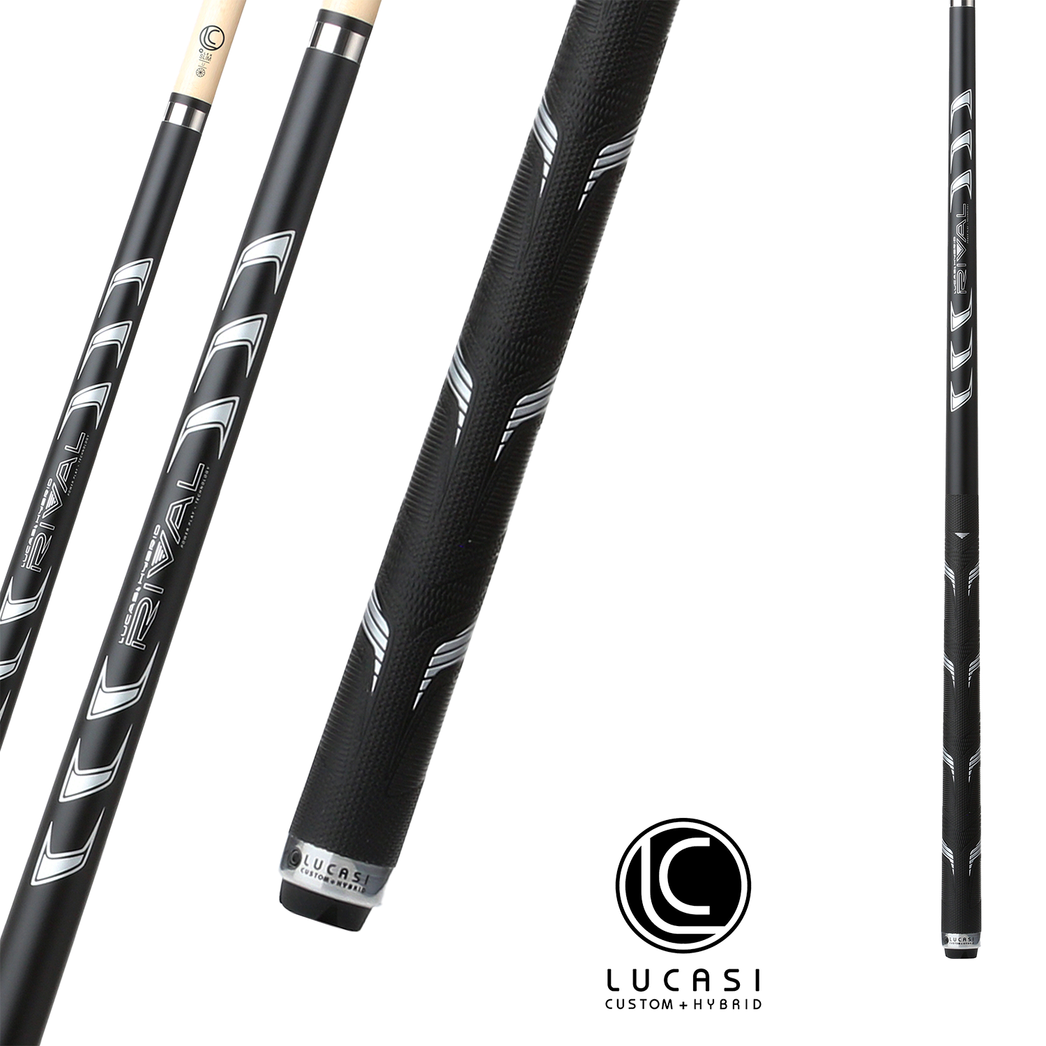 LUCASI POOL CUE HYBRID RIVAL BLACK AND METALLIC SILVER MATTE FINISH CUE WITH RIVAL G5 GRIP 13MM 19OZ
