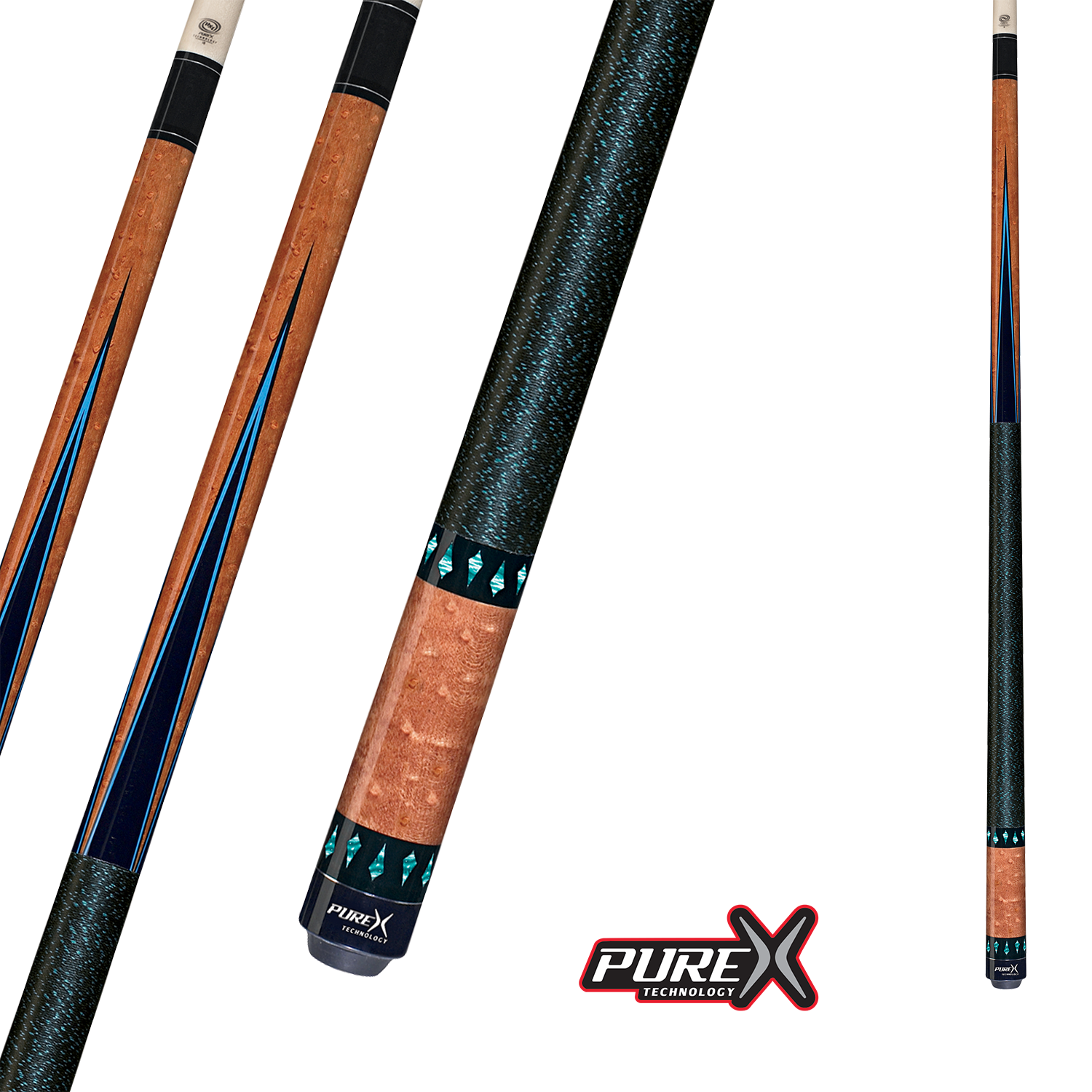 POOL CUE PURE X BIRDSEYE MAPLE WITH BLACK AND TURQUOISE POINTS 13MM 19OZ