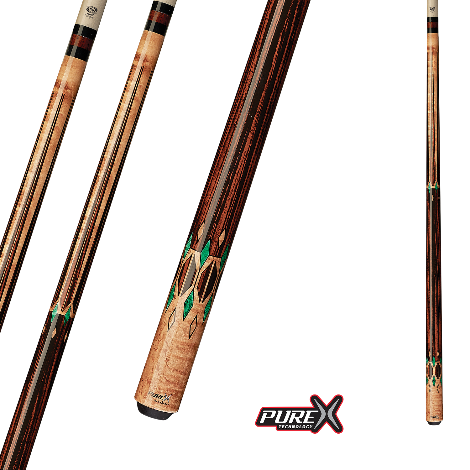 POOL CUE PURE X GOLDEN BIRDSEYE MAPLE COCOBOLO AND GREEN MALACHITE 13MM 19OZ