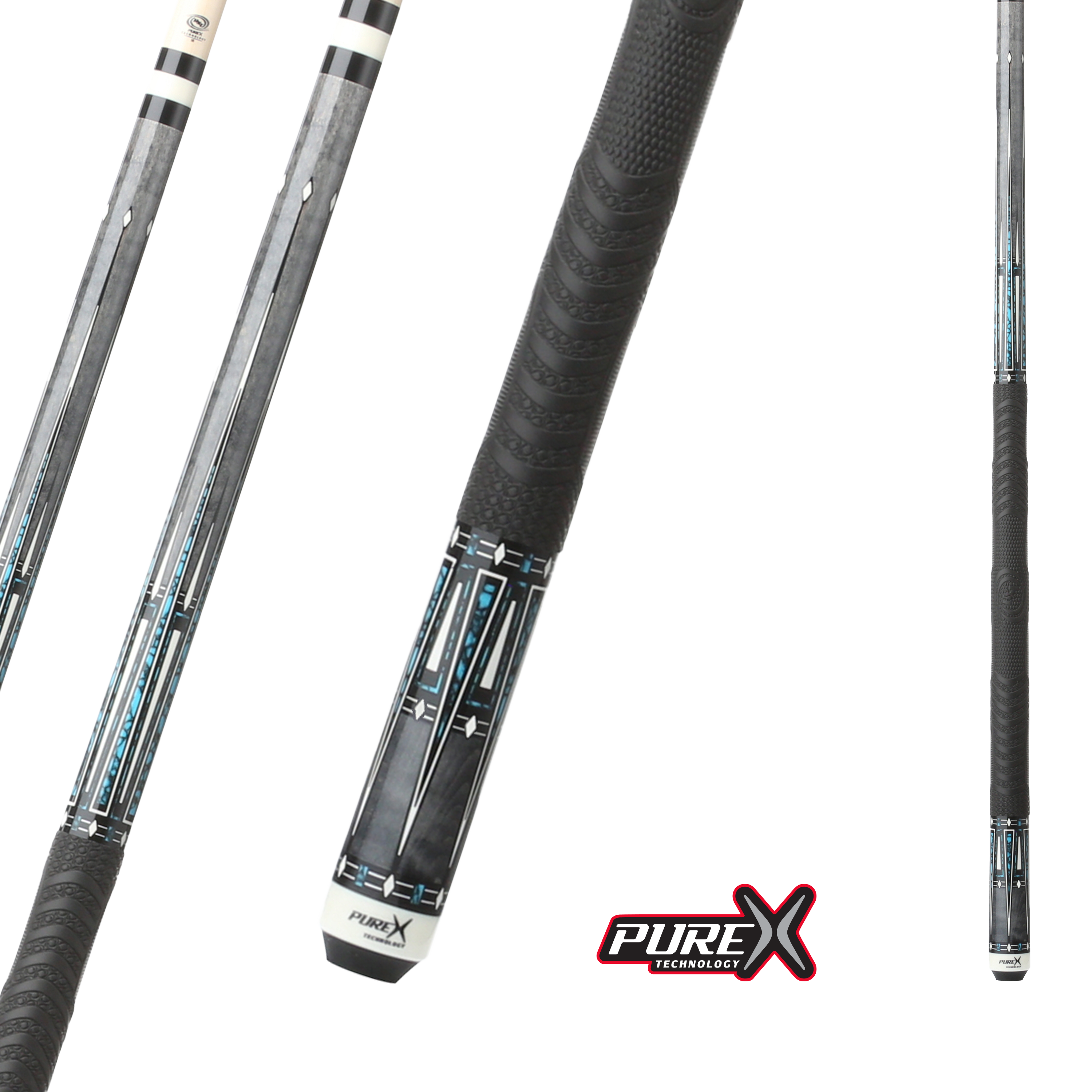 POOL CUE PURE X GREY STAINED CURLY MAPLE WITH BLUE RECON GRAPHICS 13MM 19OZ