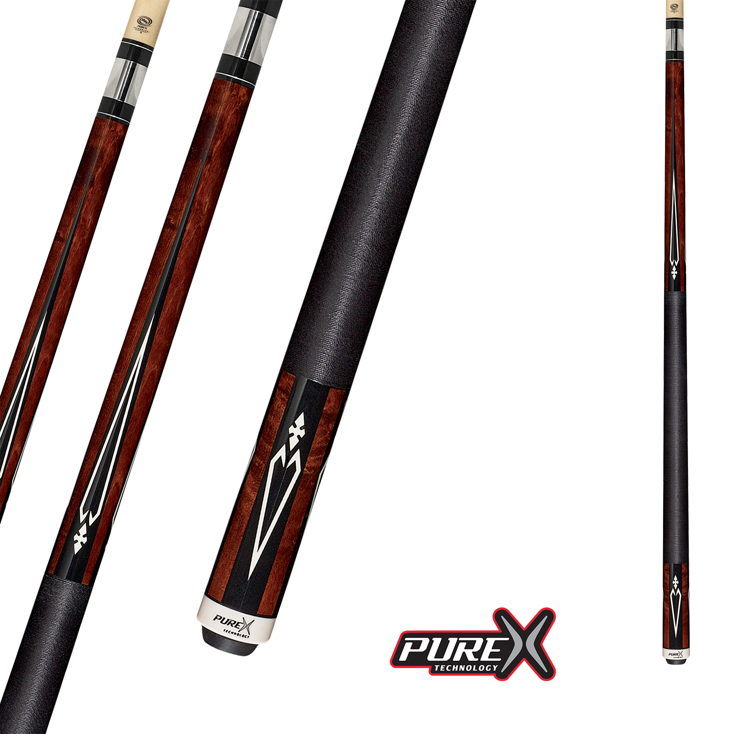 POOL CUE PURE X WALNUT STAIN BIRDSEYE WITH BLACK WHITE DIAMOND 19OZ 13MM WITH WRAP