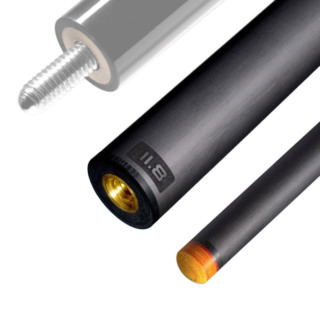 The image shows a pool cue shaft. There are three sections of the cue shaft displayed, each with a different view. The top part shows the threaded end of the shaft, which is designed to be attached to the cue butt. The middle part of the image shows the shaft in full, featuring a sleek black design with the logo "REVO" near the base. The bottom part shows the tip of the shaft, which is colored yellow, indicating the area of impact with the cue ball. The background is white, highlighting the product.