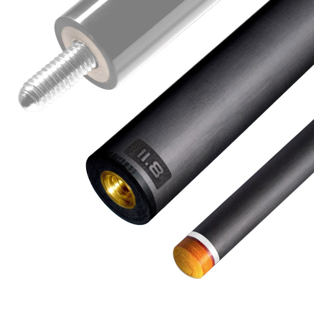 The image shows a pool cue shaft. There are three sections of the cue shaft displayed, each with a different view. The top part shows the threaded end of the shaft, which is designed to be attached to the cue butt. The middle part of the image shows the shaft in full, featuring a sleek black design with the logo "REVO" near the base. The bottom part shows the tip of the shaft, which is colored yellow, indicating the area of impact with the cue ball. The background is white, highlighting the product.