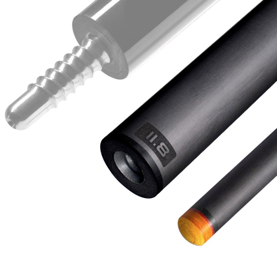 The image shows a pool cue shaft. There are three sections of the cue shaft displayed, each with a different view. The top part shows the threaded end of the shaft, which is designed to be attached to the cue butt. The middle part of the image shows the shaft in full, featuring a sleek black design with the logo "REVO" near the base. The bottom part shows the tip of the shaft, which is colored yellow, indicating the area of impact with the cue ball. The background is white, highlighting the product.