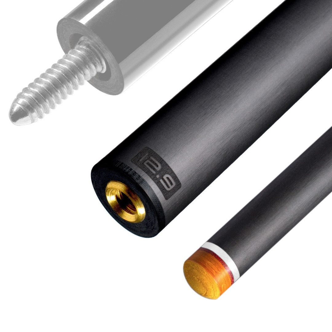 The image shows a pool cue shaft. There are three sections of the cue shaft displayed, each with a different view. The top part shows the threaded end of the shaft, which is designed to be attached to the cue butt. The middle part of the image shows the shaft in full, featuring a sleek black design with the logo "REVO" near the base. The bottom part shows the tip of the shaft, which is colored yellow, indicating the area of impact with the cue ball. The background is white, highlighting the product.