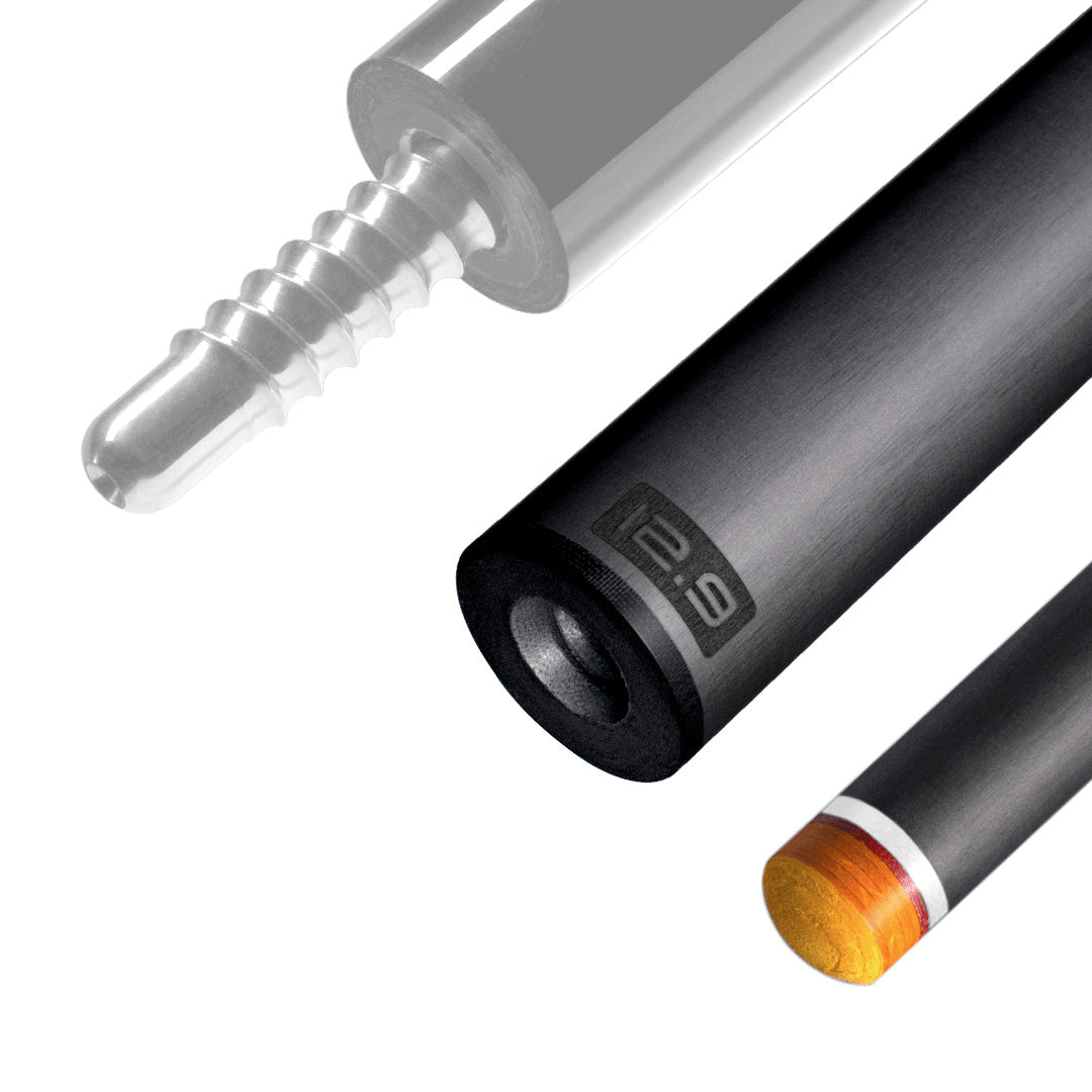 The image shows a pool cue shaft. There are three sections of the cue shaft displayed, each with a different view. The top part shows the threaded end of the shaft, which is designed to be attached to the cue butt. The middle part of the image shows the shaft in full, featuring a sleek black design with the logo "REVO" near the base. The bottom part shows the tip of the shaft, which is colored yellow, indicating the area of impact with the cue ball. The background is white, highlighting the product.