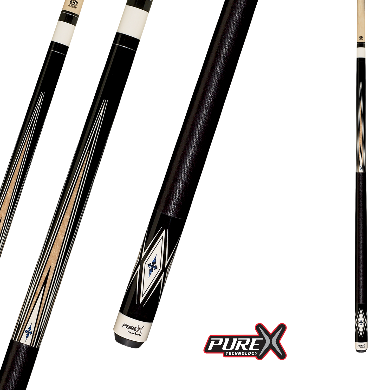 PURE X POOL CUE BLACK AND NATURAL MAPLE WITH COBALT BLUE CUE 13MM 19OZ WITH LINEN WRAP