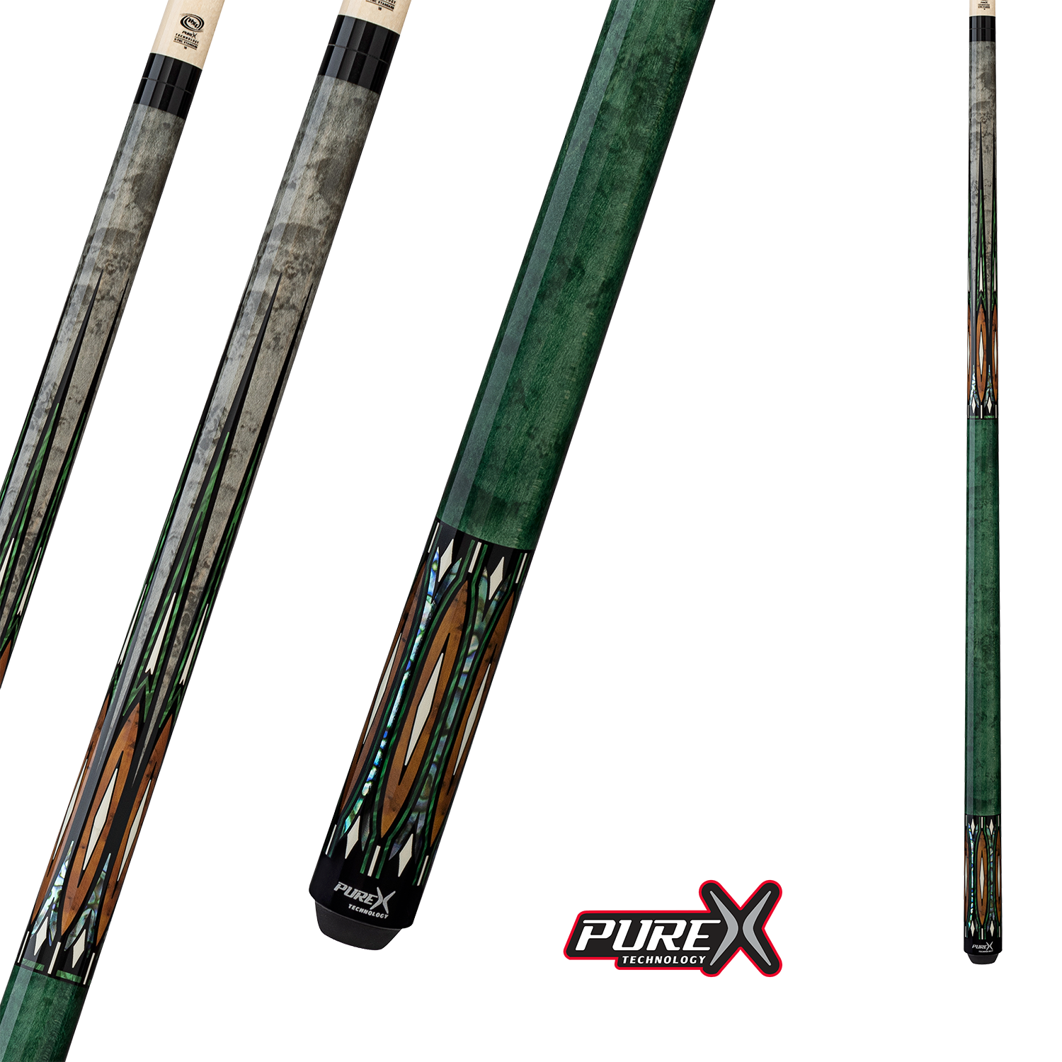 PURE X POOL CUE GREEN AND GREY STAIN MAPLE WITH MALACHITE THUYA BURL 12.75MM 19OZ