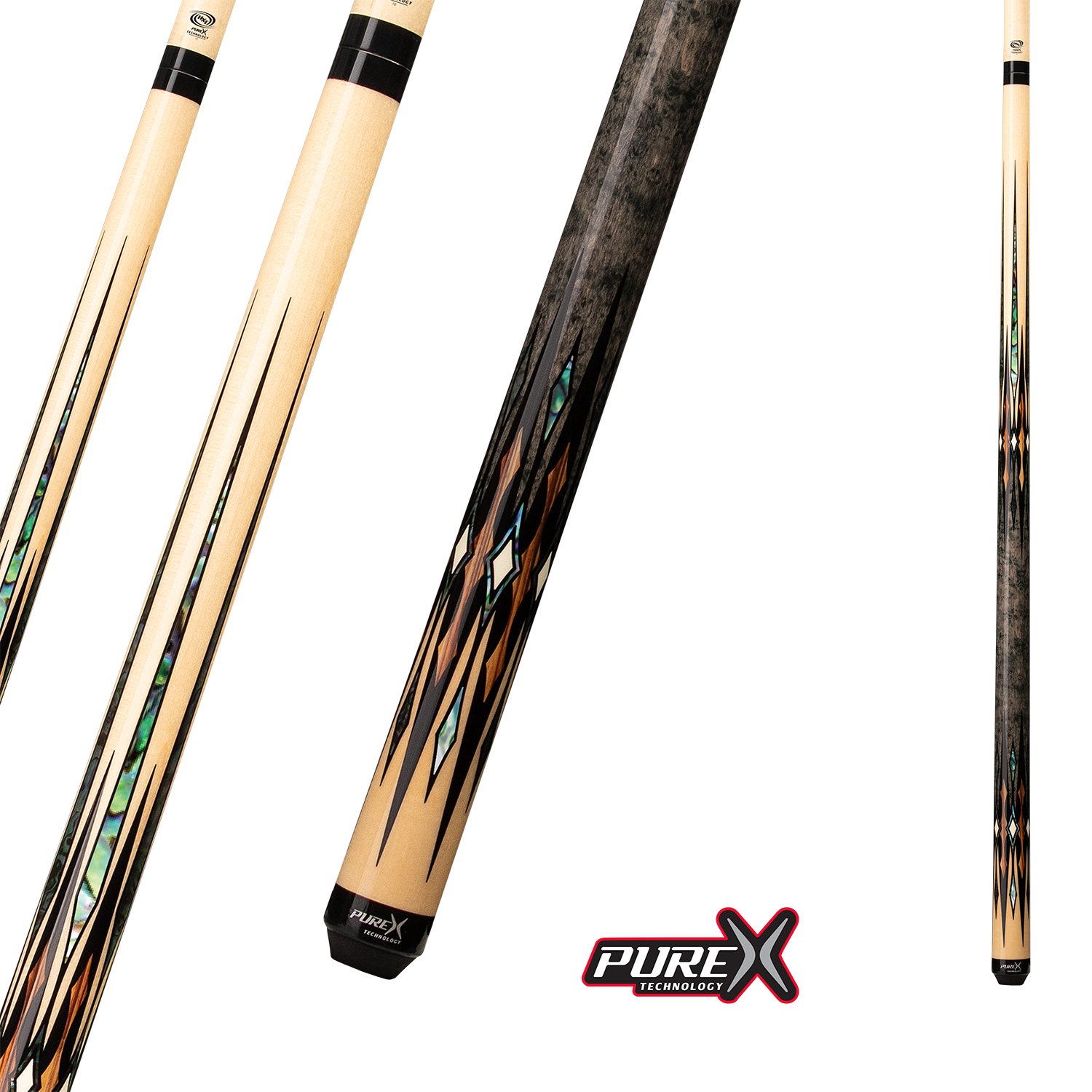 PURE X POOL CUE NATURAL BIRDSEYE AND GREY STAINED ZEBRAWOOD WITH BOCOTE 13MM 19OZ