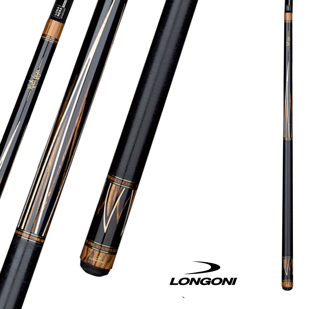 LONGONI POOL CUE FLAMES LINEN WRAP S30 - SHAFT BLACK/WOOD 12.5MM 19OZ