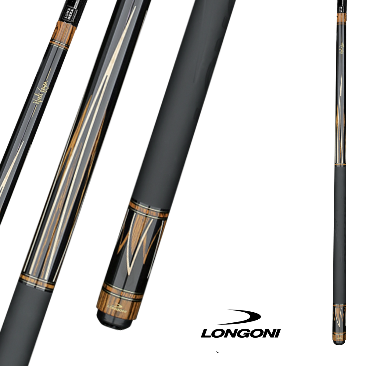 LONGONI POOL CUE FLAMES LEATHER WRAP S30 - SHAFT BLACK/WOOD 12.5MM 19OZ