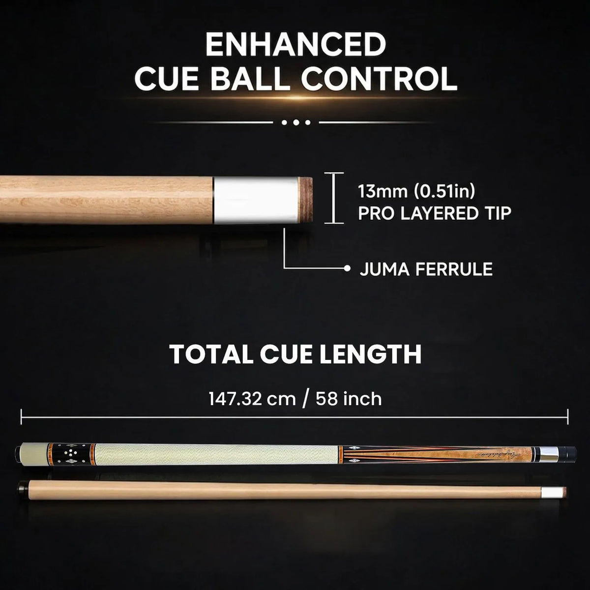 BALABUSHKA POOL CUE GB23  WHITE/WOOD - GREEN LINEN WRAP 13MM 19OZ