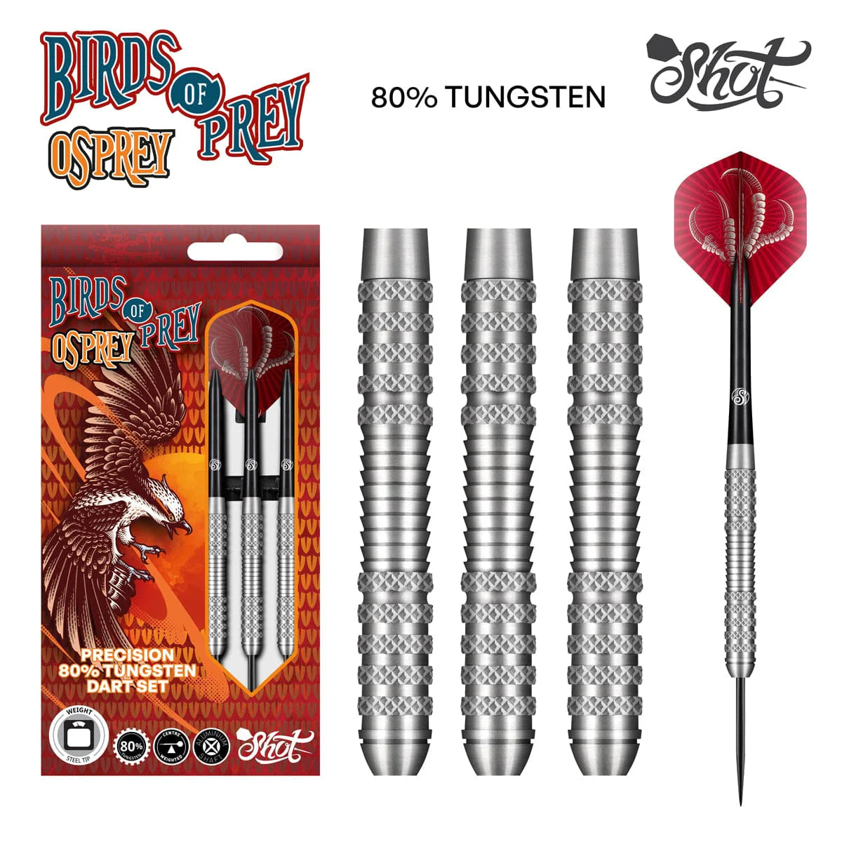 SHOT BIRDS OF PREY OSPREY STEEL TIP DART SET - 80% TUNGSTEN BARRELS