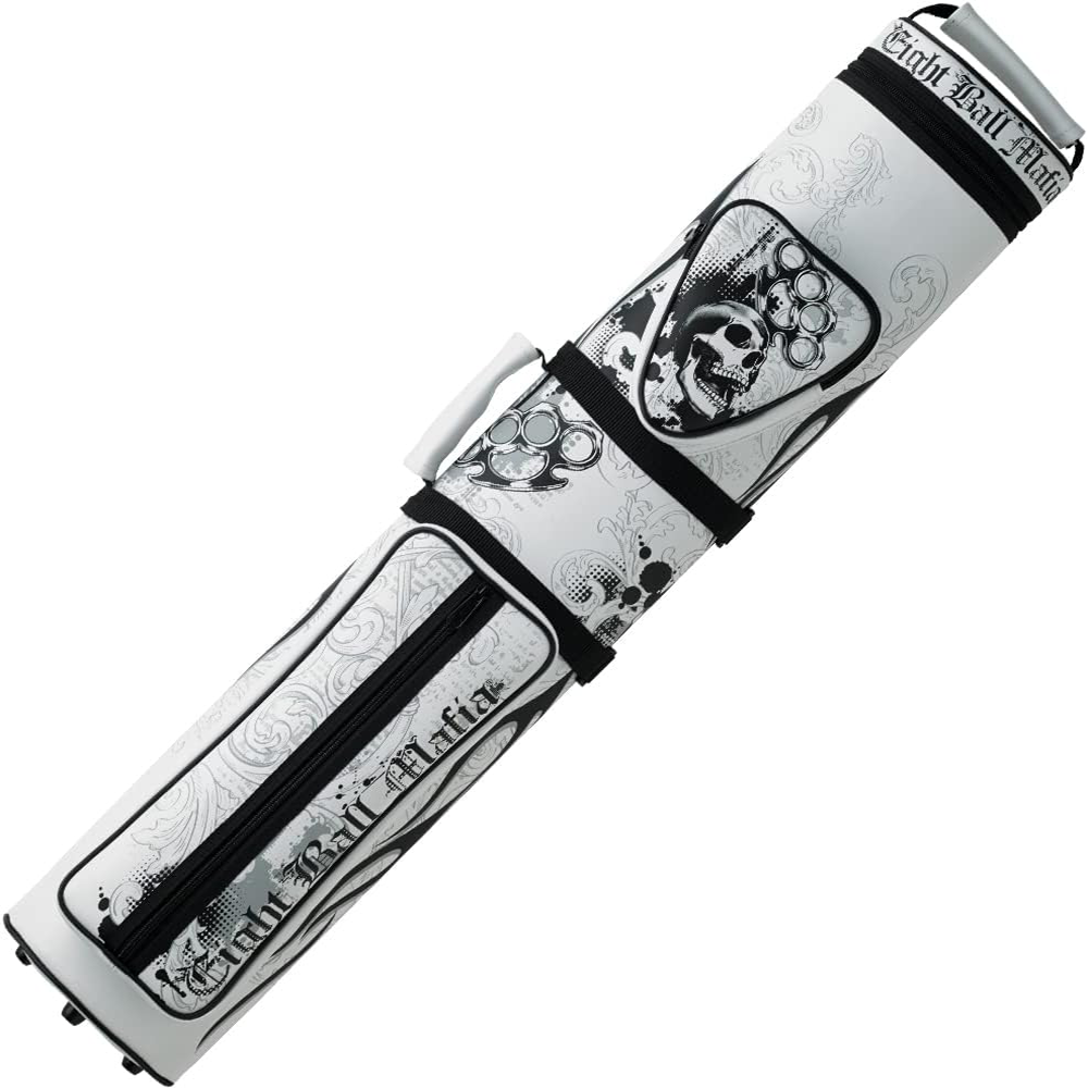 ÉTUI RIGIDE POUR BAGUETTES DE BILLARD EIGHT BALL MAFIA EBMC35E 3 MANCHES 5 FLÈCHES - BLANC/NOIR AVEC CRÂNE ET  DESIGN TRIBAL