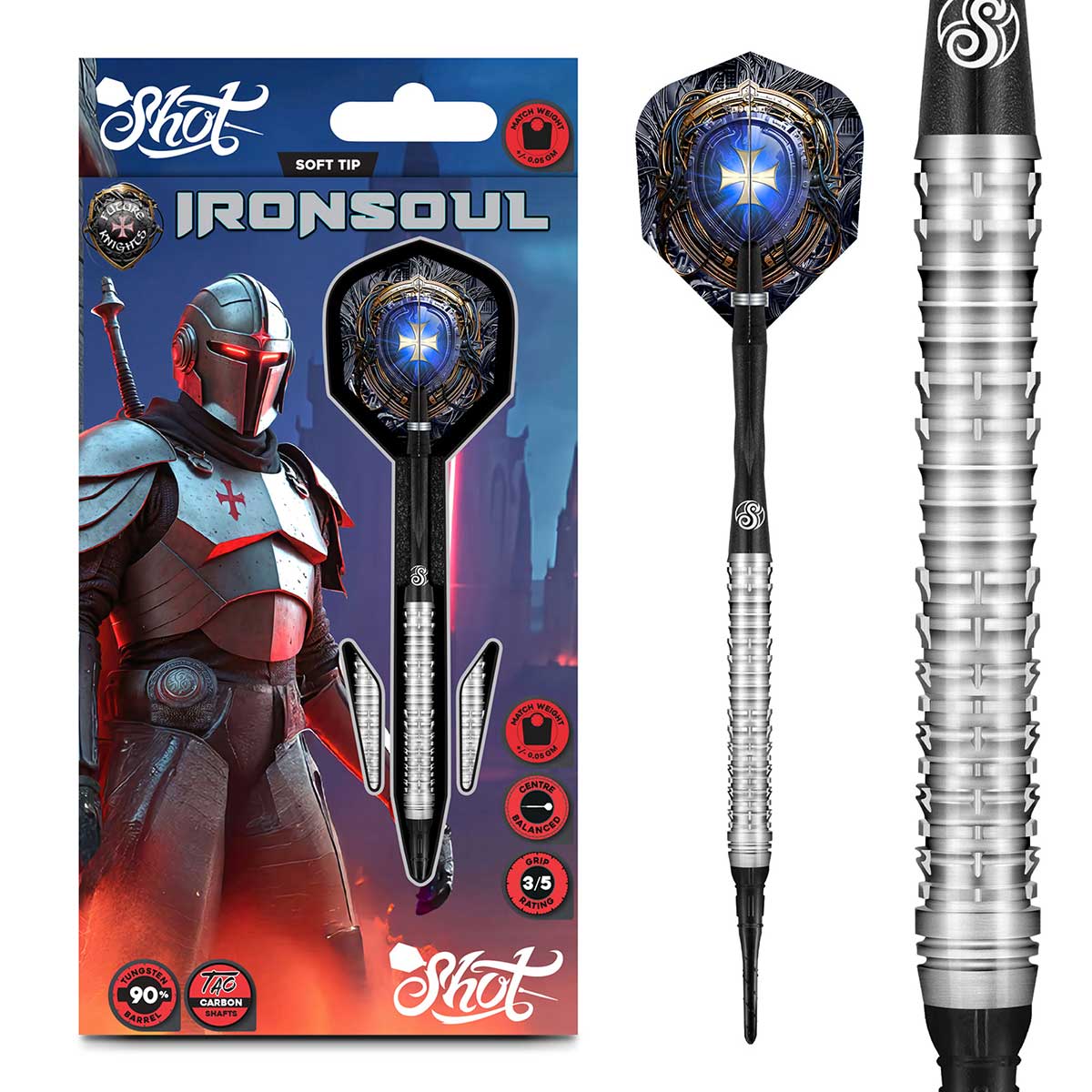 SHOT FUTURE KNIGHTS IRONSOUL SOFT TIP DART SET - 90% TUNGSTEN BARRELS