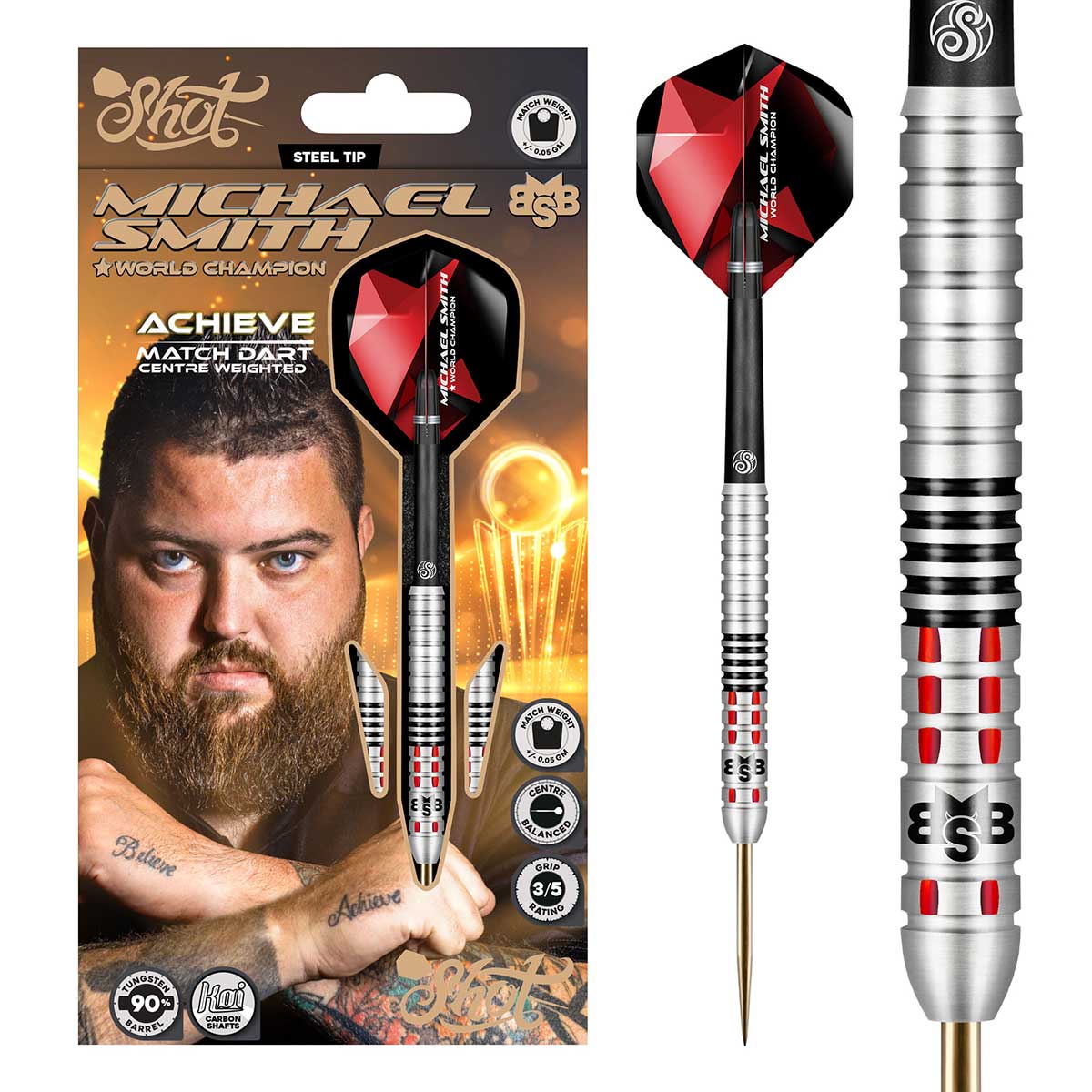 SHOT MICHAEL SMITH ACHIEVE STEEL TIP DART SET - 90% TUNSTEN BARRELS