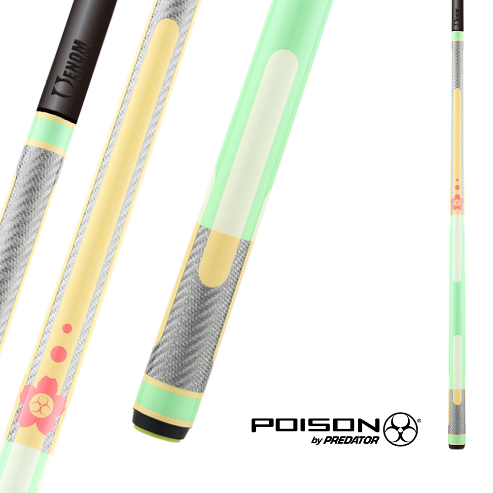POISON CANDY SUGAR POOL CUE WITH CARBON FIBER SHAFT - GREEN/PEACH - NO WRAP 12.4MM 19OZ