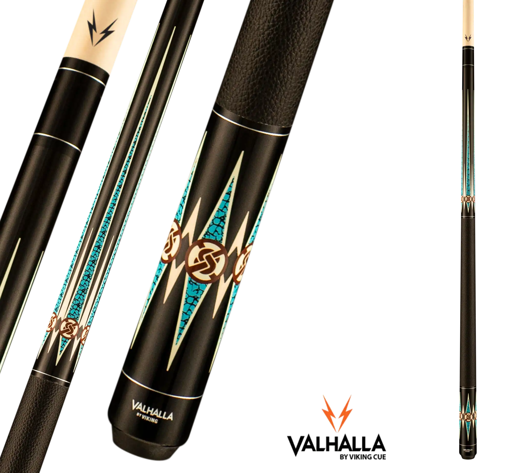 VIKING VALHALLA VA704 POOL CUE BLACK AND TURQUOISE LEATHER WRAP 13MM 19OZ