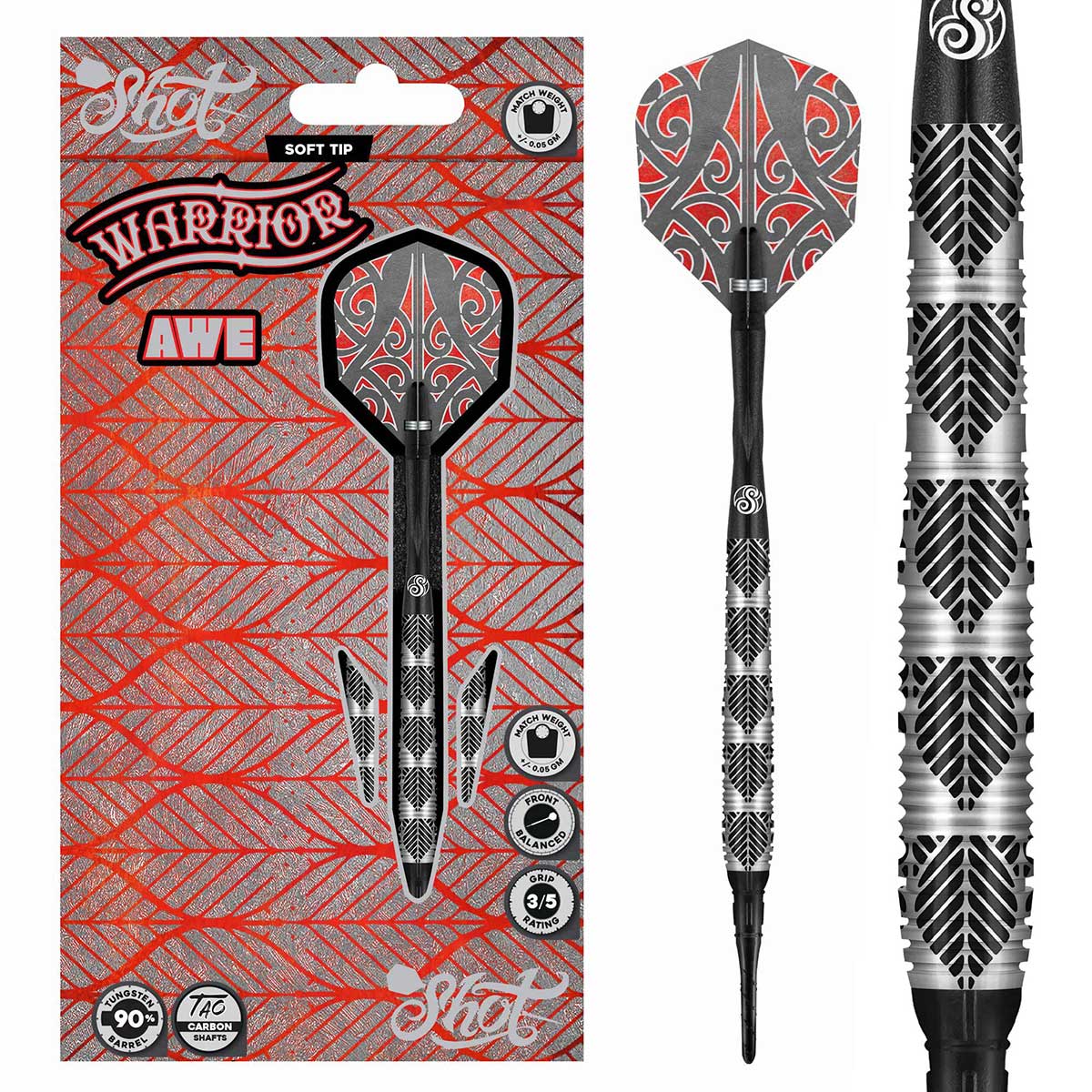 SHOT WARRIOR AWE SOFT TIP DART SET - 90% TUNGSTEN BARRELS