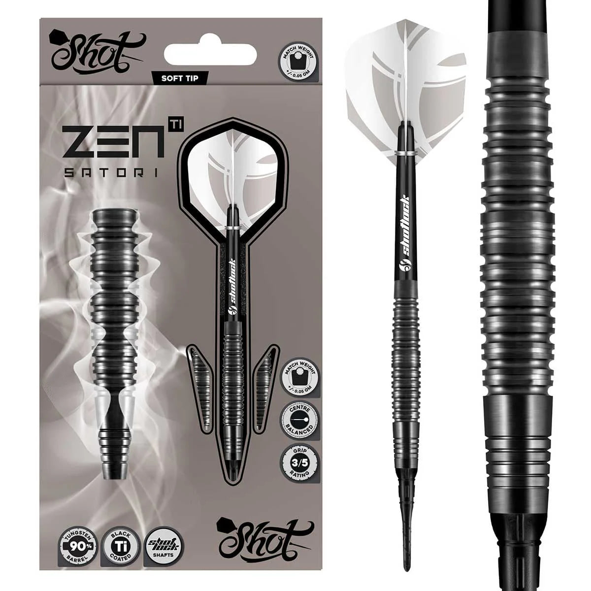 SHOT ZEN SATORI SOFT TIP DART SET - 90% TUNGSTEN BARRELS