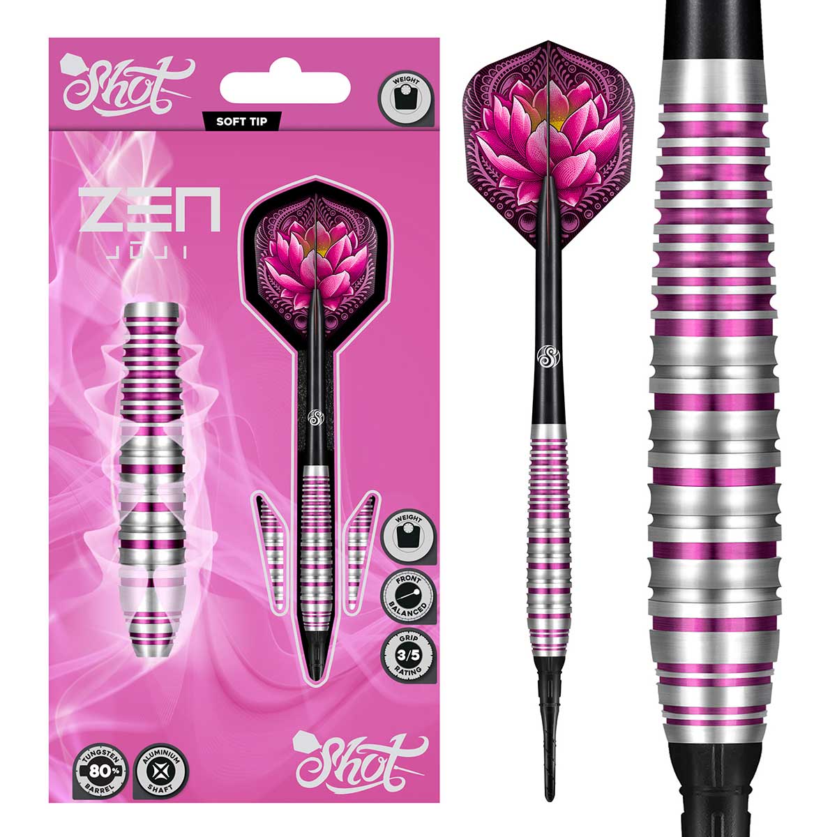 SHOT ZEN JUJI SOFT TIP DART SET - 80% TUNGSTEN BARRELS