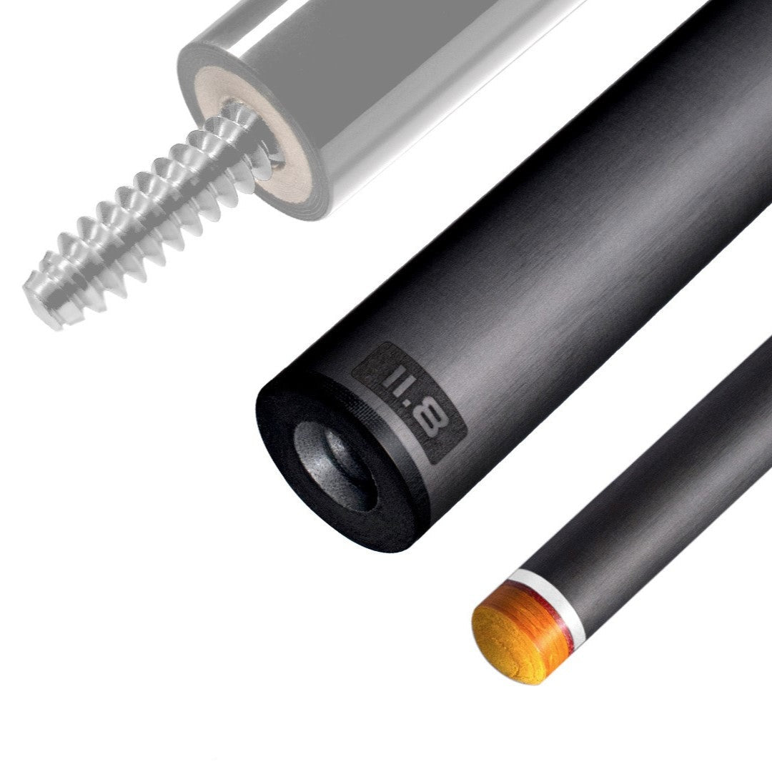The image shows a pool cue shaft. There are three sections of the cue shaft displayed, each with a different view. The top part shows the threaded end of the shaft, which is designed to be attached to the cue butt. The middle part of the image shows the shaft in full, featuring a sleek black design with the logo &quot;REVO&quot; near the base. The bottom part shows the tip of the shaft, which is colored yellow, indicating the area of impact with the cue ball. The background is white, highlighting the product.