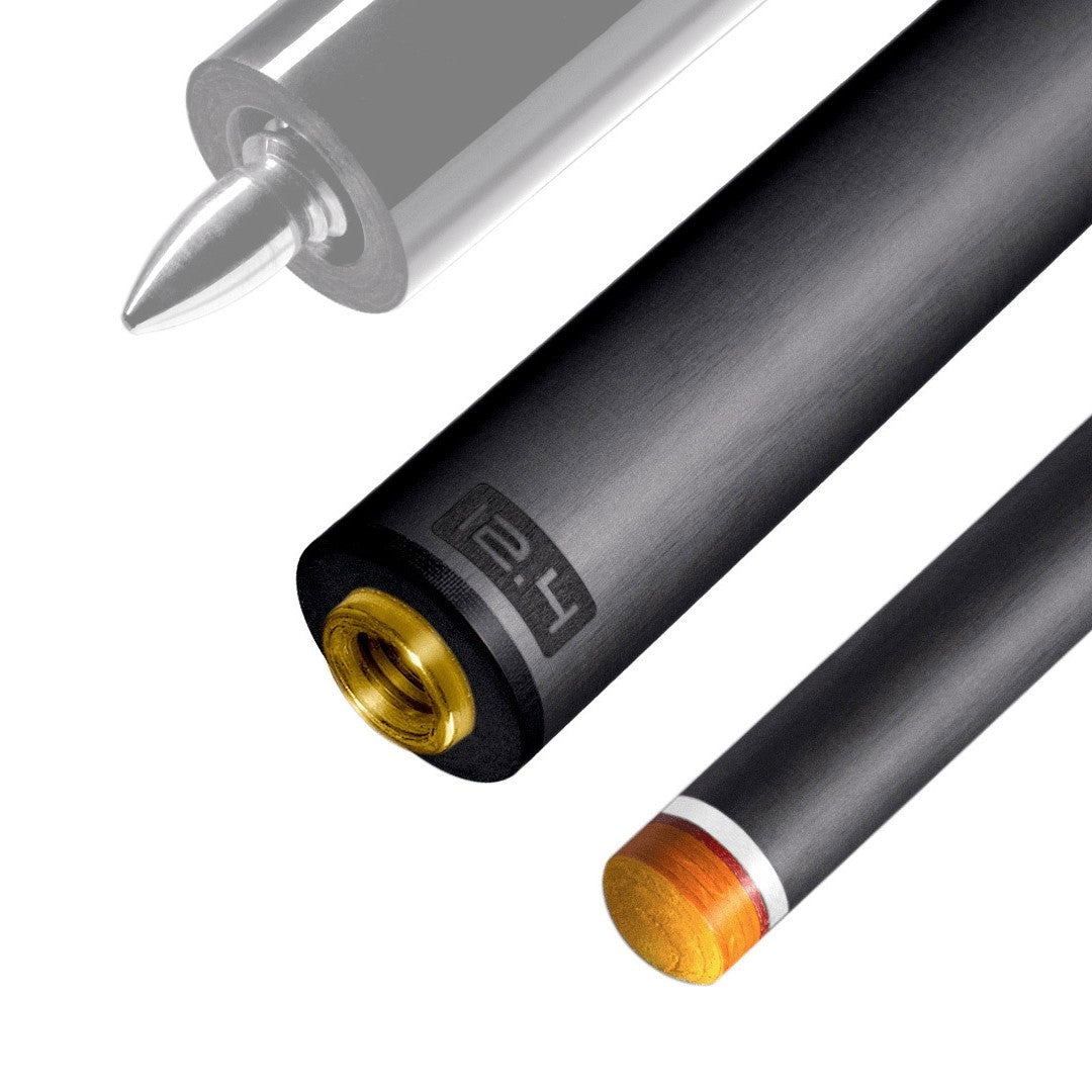 The image shows a pool cue shaft. There are three sections of the cue shaft displayed, each with a different view. The top part shows the threaded end of the shaft, which is designed to be attached to the cue butt. The middle part of the image shows the shaft in full, featuring a sleek black design with the logo &quot;REVO&quot; near the base. The bottom part shows the tip of the shaft, which is colored yellow, indicating the area of impact with the cue ball. The background is white, highlighting the product.