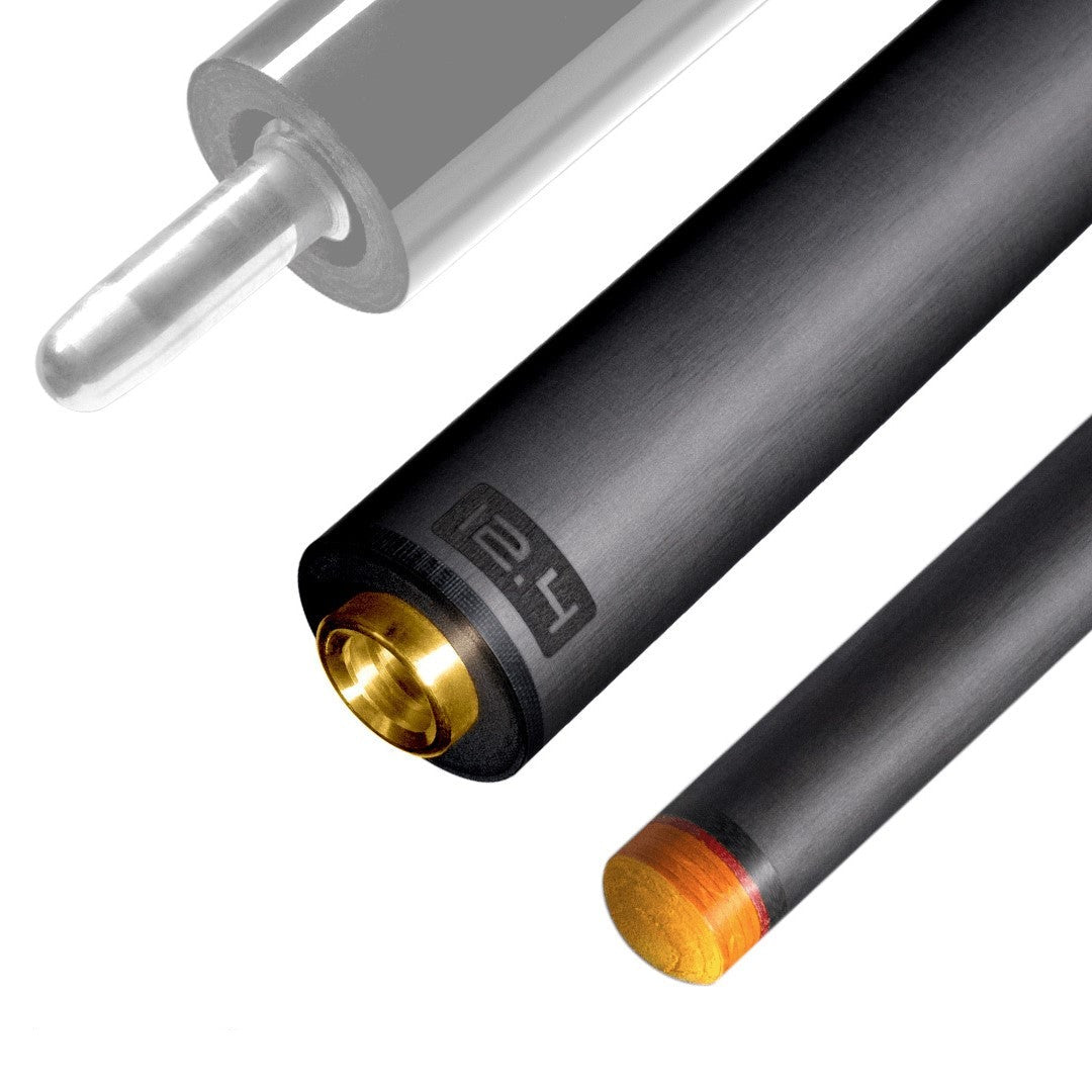 The image shows a pool cue shaft. There are three sections of the cue shaft displayed, each with a different view. The top part shows the threaded end of the shaft, which is designed to be attached to the cue butt. The middle part of the image shows the shaft in full, featuring a sleek black design with the logo &quot;REVO&quot; near the base. The bottom part shows the tip of the shaft, which is colored yellow, indicating the area of impact with the cue ball. The background is white, highlighting the product.