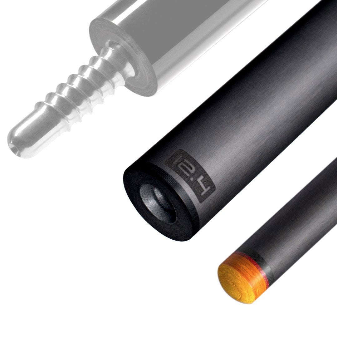 The image shows a pool cue shaft. There are three sections of the cue shaft displayed, each with a different view. The top part shows the threaded end of the shaft, which is designed to be attached to the cue butt. The middle part of the image shows the shaft in full, featuring a sleek black design with the logo "REVO" near the base. The bottom part shows the tip of the shaft, which is colored yellow, indicating the area of impact with the cue ball. The background is white, highlighting the product.