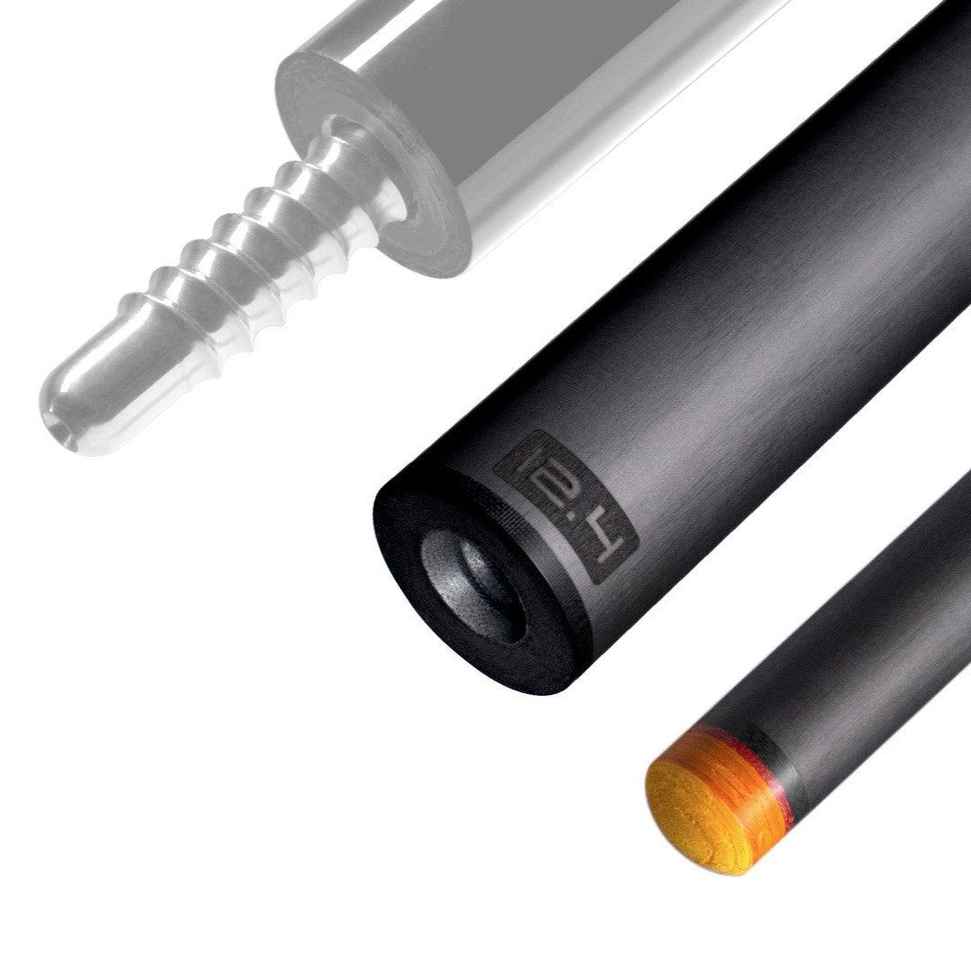 The image shows a pool cue shaft. There are three sections of the cue shaft displayed, each with a different view. The top part shows the threaded end of the shaft, which is designed to be attached to the cue butt. The middle part of the image shows the shaft in full, featuring a sleek black design with the logo "REVO" near the base. The bottom part shows the tip of the shaft, which is colored yellow, indicating the area of impact with the cue ball. The background is white, highlighting the product.