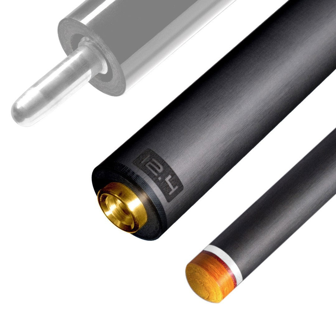 The image shows a pool cue shaft. There are three sections of the cue shaft displayed, each with a different view. The top part shows the threaded end of the shaft, which is designed to be attached to the cue butt. The middle part of the image shows the shaft in full, featuring a sleek black design with the logo "REVO" near the base. The bottom part shows the tip of the shaft, which is colored yellow, indicating the area of impact with the cue ball. The background is white, highlighting the product.