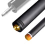 The image shows a pool cue shaft. There are three sections of the cue shaft displayed, each with a different view. The top part shows the threaded end of the shaft, which is designed to be attached to the cue butt. The middle part of the image shows the shaft in full, featuring a sleek black design with the logo "REVO" near the base. The bottom part shows the tip of the shaft, which is colored yellow, indicating the area of impact with the cue ball. The background is white, highlighting the product.