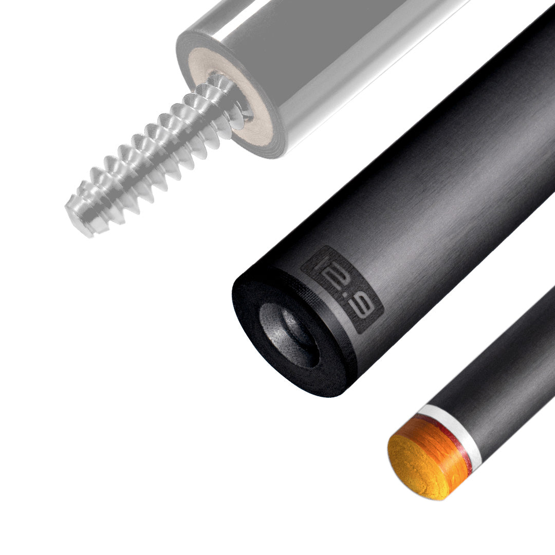 The image shows a pool cue shaft. There are three sections of the cue shaft displayed, each with a different view. The top part shows the threaded end of the shaft, which is designed to be attached to the cue butt. The middle part of the image shows the shaft in full, featuring a sleek black design with the logo &quot;REVO&quot; near the base. The bottom part shows the tip of the shaft, which is colored yellow, indicating the area of impact with the cue ball. The background is white, highlighting the product.