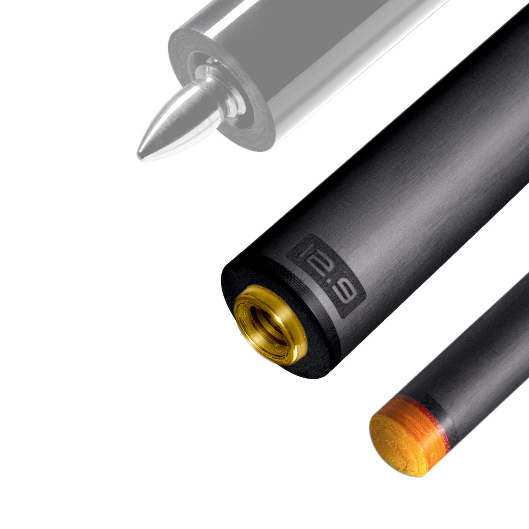 The image shows a pool cue shaft. There are three sections of the cue shaft displayed, each with a different view. The top part shows the threaded end of the shaft, which is designed to be attached to the cue butt. The middle part of the image shows the shaft in full, featuring a sleek black design with the logo &quot;REVO&quot; near the base. The bottom part shows the tip of the shaft, which is colored yellow, indicating the area of impact with the cue ball. The background is white, highlighting the product.
